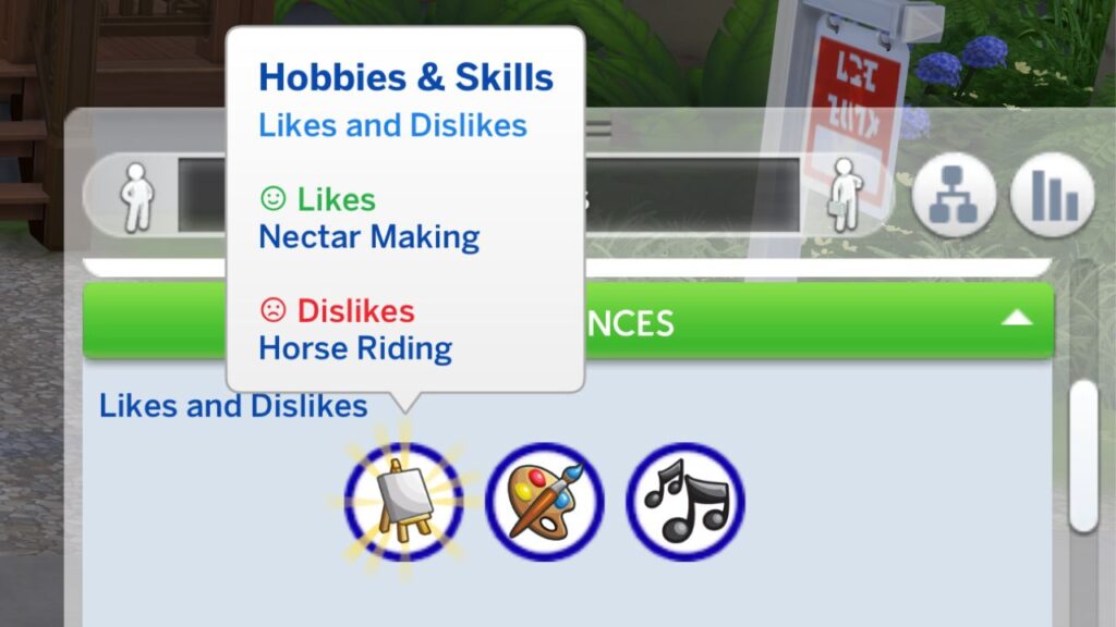A screenshot from The Sims 4 showing a sim's likes and dislikes for hobbies where they like nectar making and dislike horse riding