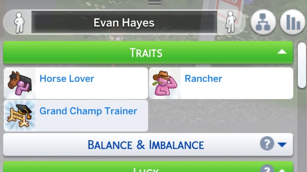 A screenshot from The Sims 4 showing a sim who has been cheated to have all the traits from horse ranch