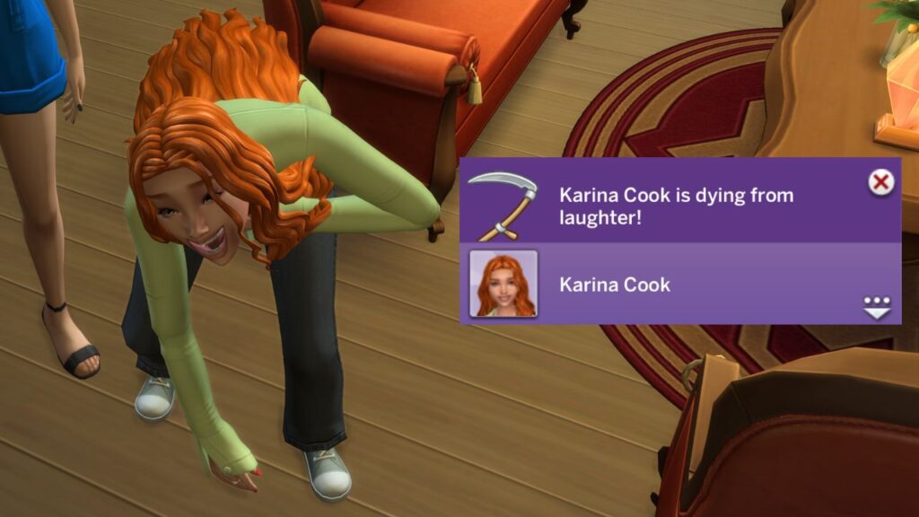 A screenshot from The Sims 4 showing a sim dying from laughter