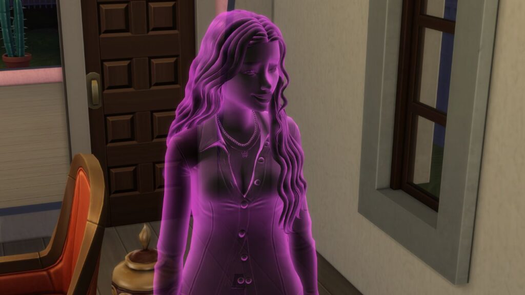 A screenshot from The Sims 4 showing a purple ghost