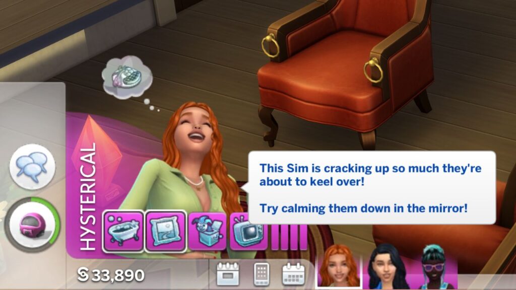 A screenshot from The Sims 4 showing a hysterical sim