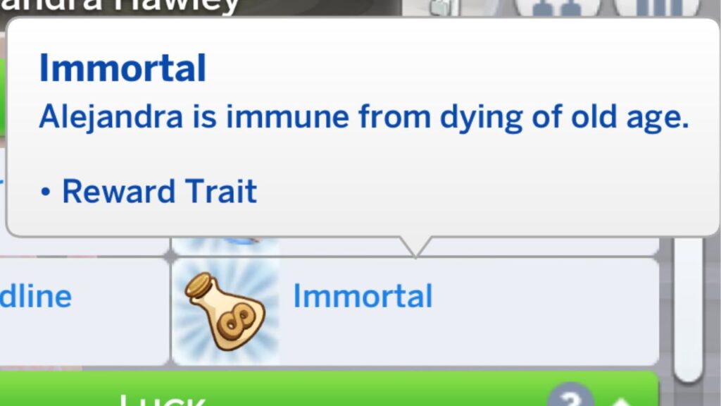 A screenshot from The Sims 4 showing the immortal trait on a sim 