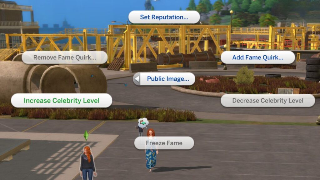 A screenshot from The Sims 4 showing how to cheat to increase celebrity level in get famous