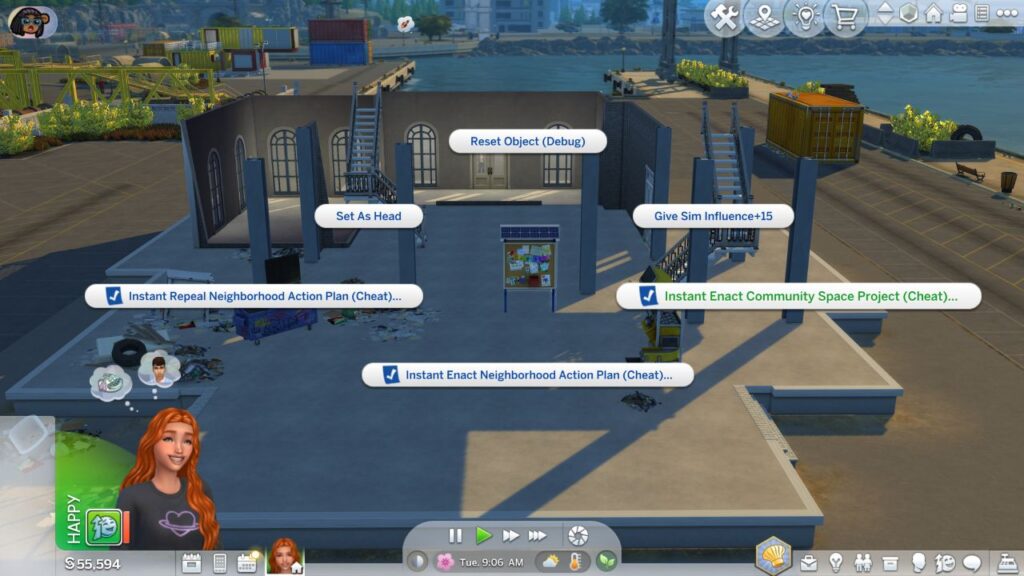 A screenshot from The Sims 4 showing how to enact community space projects