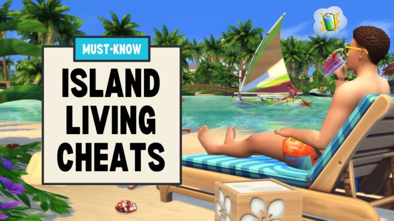 This image has a set of boxes on the left with text that says "must know island living cheats" and beside is a sim lounging on a lounge chair by a beach