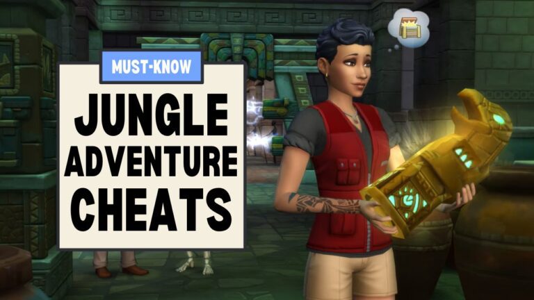 This image has a set of squares on the left side that say "Must know jungle adventure cheats" and beside that is a sim holding a relic