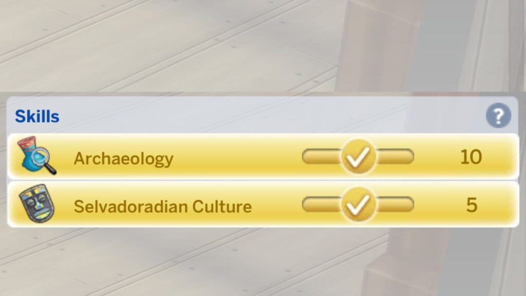 A screenshot from The Sims 4 showing a sim who has max archaeology and selvadoradian culture skills 