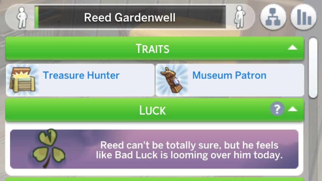 A screenshot from The Sims 4 showing a sim with both jungle adventure traits from cheats 