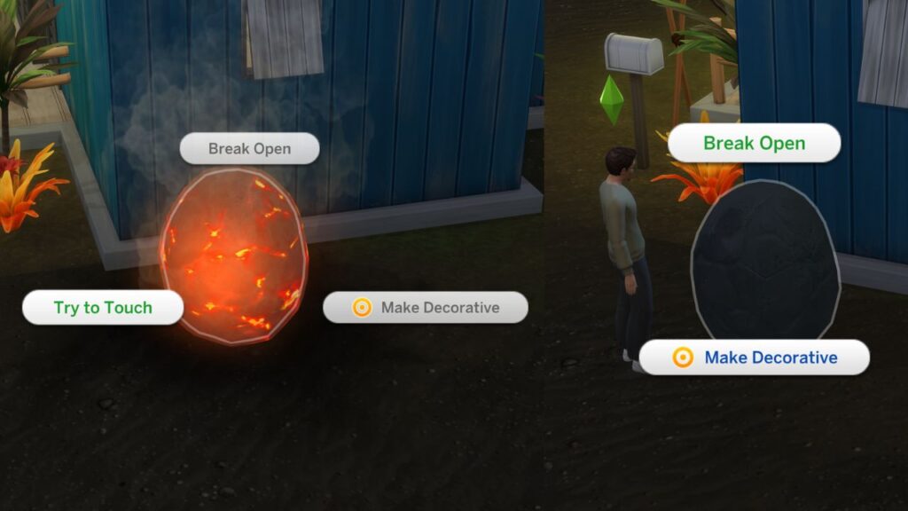 A screenshot from The Sims 4 showing how you can open up a lava rock 