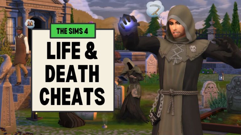 This image has a sim dressed as the Grim Reaper on the right and a box on the left that says "The Sims 4 Life & Death Cheats"