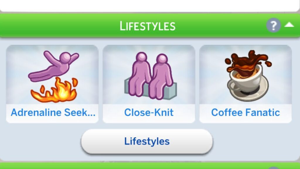 A screenshot from The Sims 4 showing a sim with three lifestyles from Snowy Escape: Adrenaline Seeker, Close-Knit and Coffee Fanatic