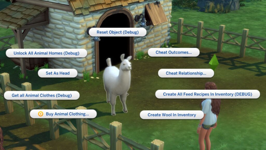 A screenshot from The Sims 4 showing cheats on a llama 