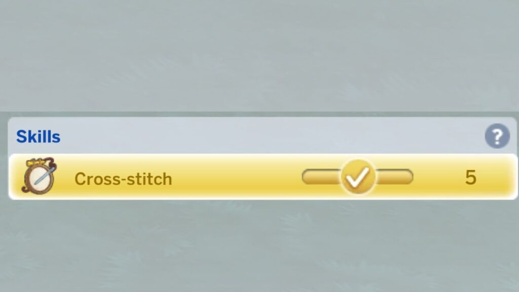 A screenshot from The Sims 4 showing a sim with max cross stitch skill 