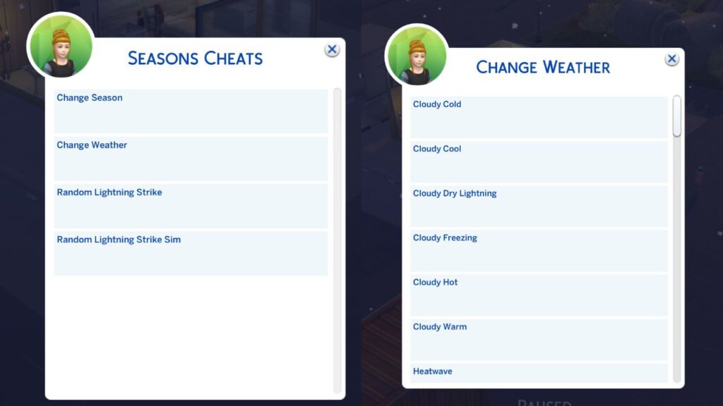 A screenshot from The Sims 4 showing how to change weather with MCCC