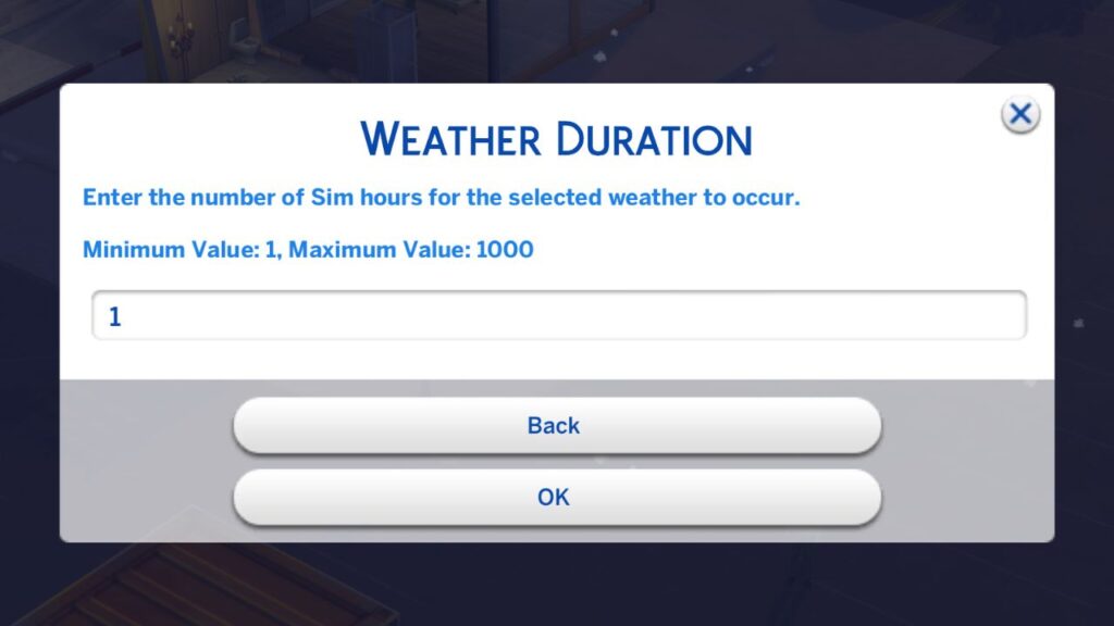 A screenshot from The Sims 4 showing how to pick duration for changing weather with MC Command Center 