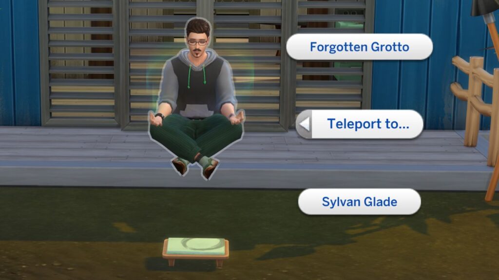 A screenshot from The Sims 4 showing a sim who can teleport when meditating 