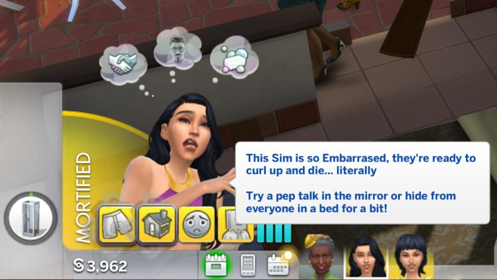 A screenshot from The Sims 4 showing a mortified sim 