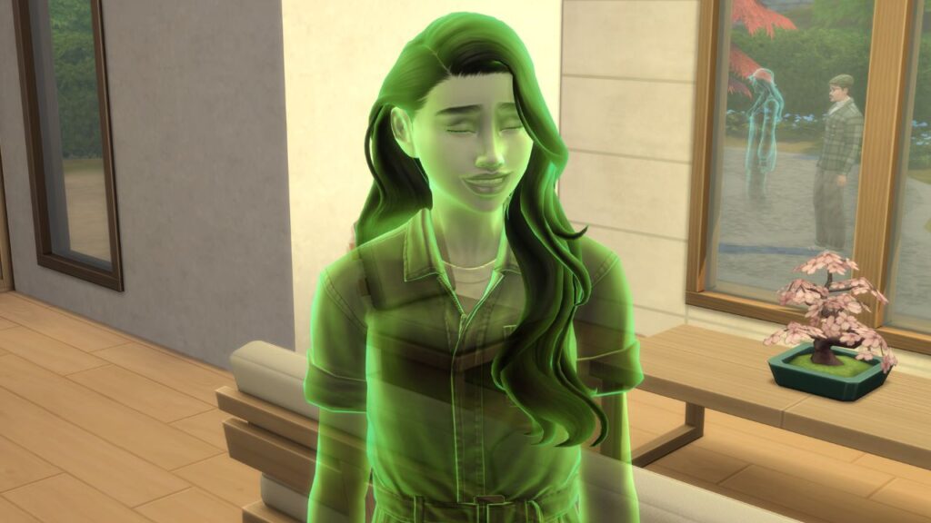 A screenshot from The Sims 4 showing a green ghost in a house 