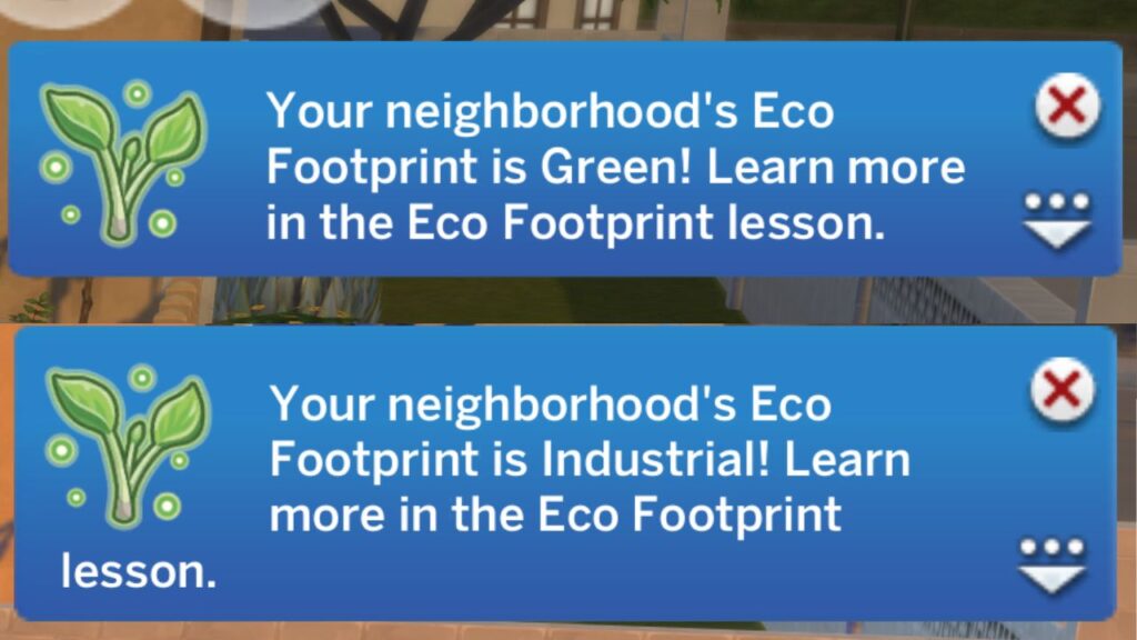 A screenshot from The Sims 4 showing the notifications from turning an eco footprint industrial or green