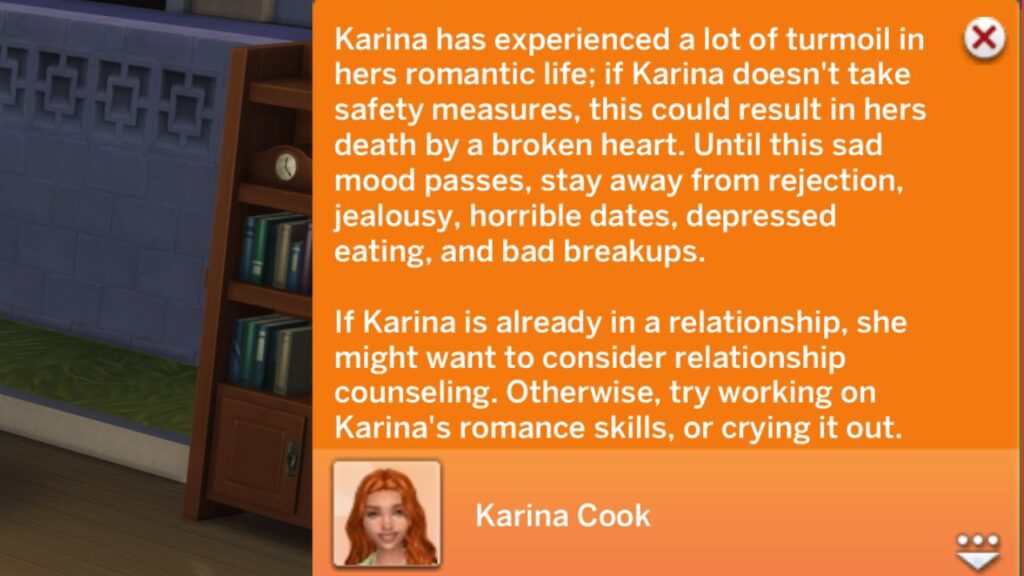 A screenshot from The Sims 4 showing an orange notification warning of broken heart misery 