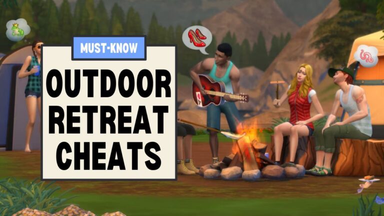 This image has a set of boxes on the left side with "Must Know Outdoor Retreat Cheats" in text. Beside that is a set of three sims around a fire