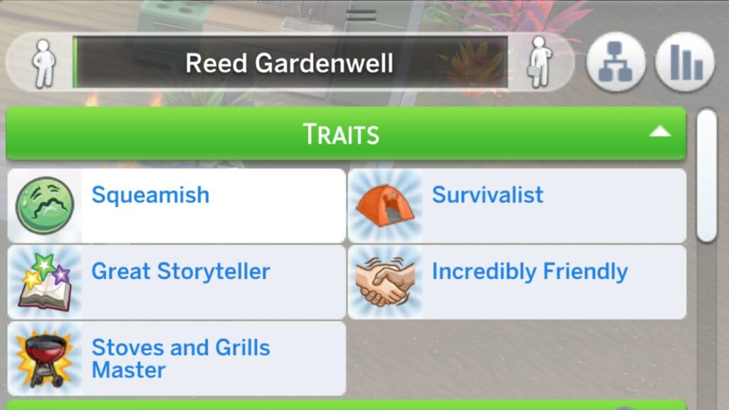 A screenshot from The Sims 4 showing a sim who has every trait from outdoor retreat from using cheats