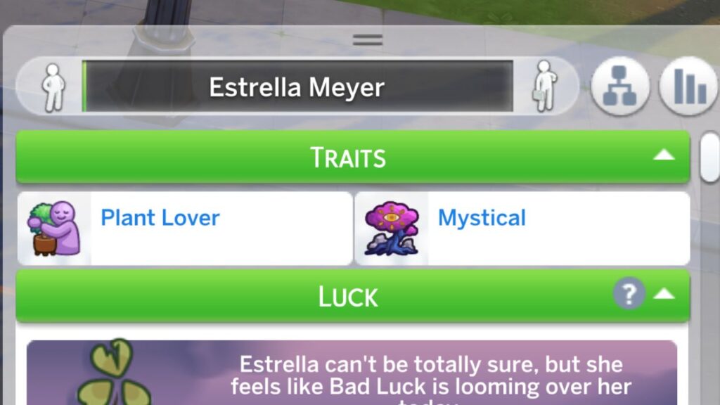 A screenshot from The Sims 4 showing a sim with the plant lover and mystical trait
