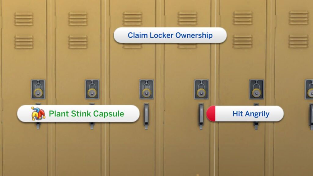A screenshot from The Sims 4 showing how to plant a stink capsule in a locker 
