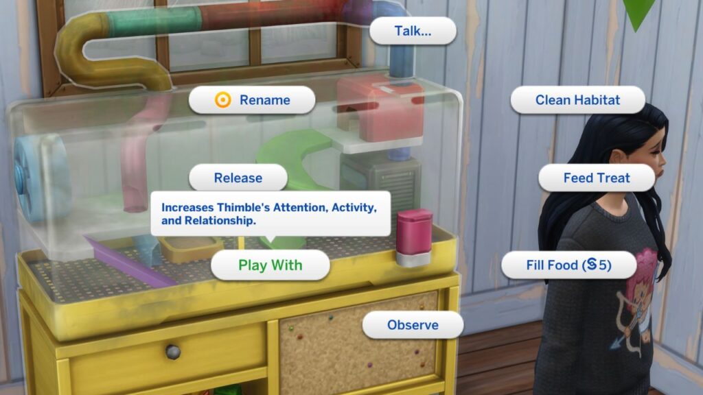 A screenshot from The Sims 4 showing the option to play with a rodent 