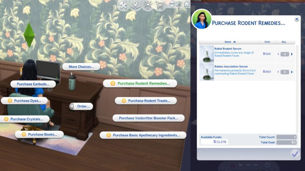A screenshot from The Sims 4 showing how to purchase rodent remedies on a computer 