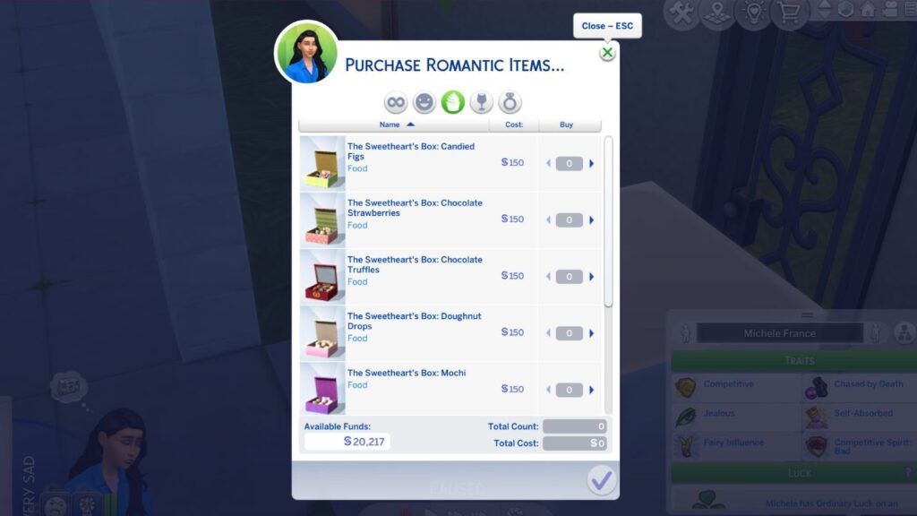 A screenshot from The Sims 4 showing the menu to purchase romantic items from a computer 