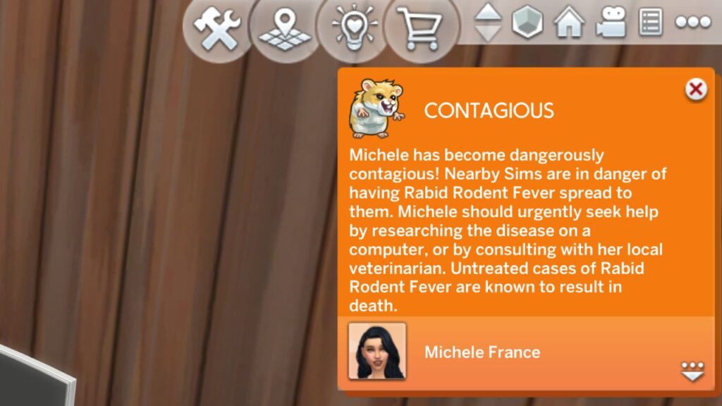 A screenshot from The Sims 4 showing a "Contagious" orange notification from rabid rodent 