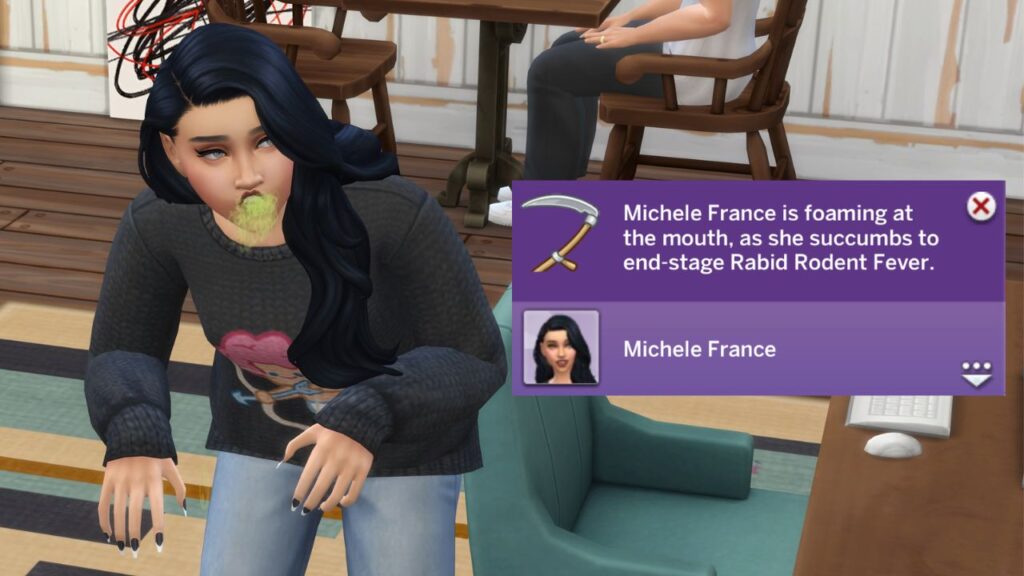 A screenshot from The Sims 4 showing a sim dying of rabid rodent fever