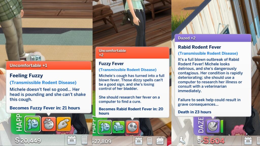 A screenshot from The Sims 4 showing the moodlets a sim gets during the stages of rodent fever 