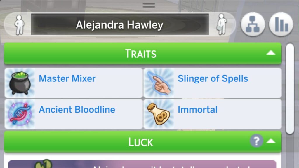 A screenshot from The Sims 4 showing a sim with all of the realm of magic traits from cheats 