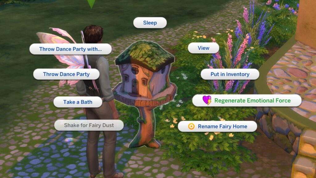 A screenshot from The Sims 4 showing how to regenerate emotional force in a fairy house