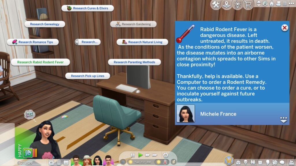 A screenshot from The Sims 4 showing how to research rabid rodent fever on a computer 