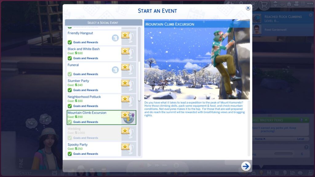 A screenshot from The Sims 4 showing the option to start a mountain climb excursion 