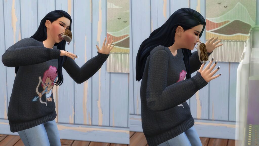 A screenshot from The Sims 4 showing a sim being bit on the nose by a rodent 