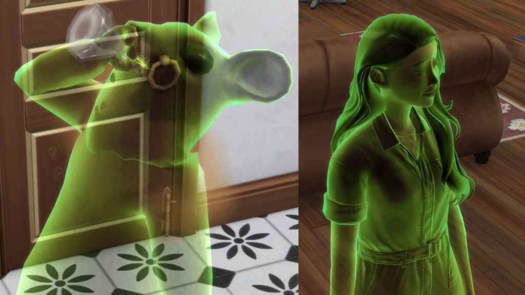 A screenshot from The Sims 4 showing a rodent drinking an inoculation serum 