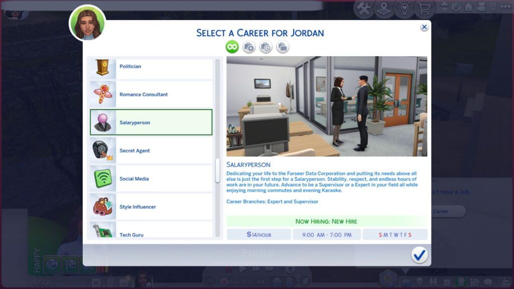 A screenshot from The Sims 4 showing the menu to choose the salary person career