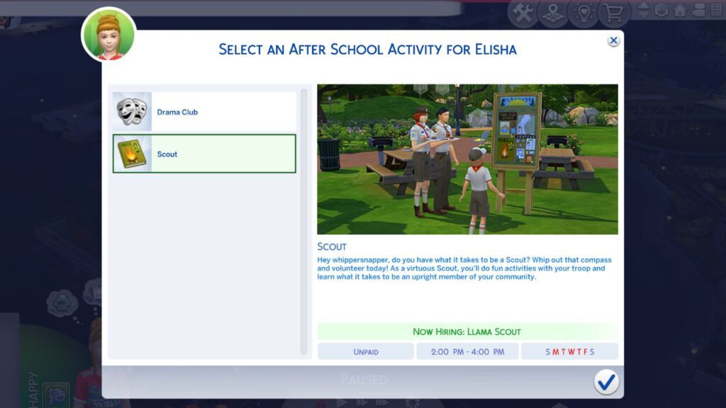 A screenshot from The Sims 4 showing the menu to get into scouts 
