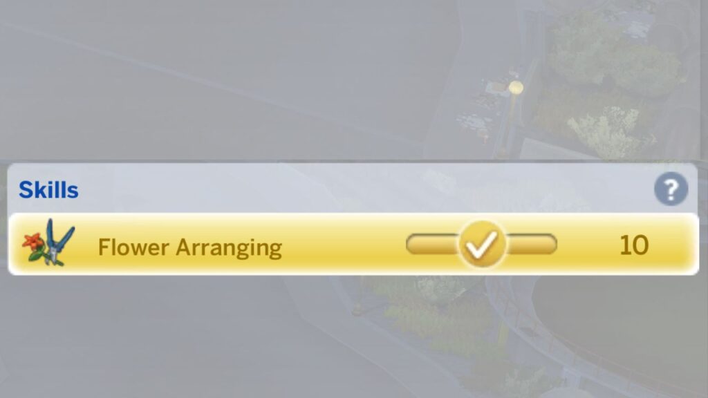A screenshot from The Sims 4 showing a sim with level 10 flower arranging skill from seasons 