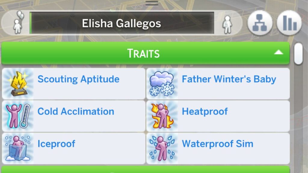A screenshot from The Sims 4 showing a sim with all of the seasons traits from cheats 