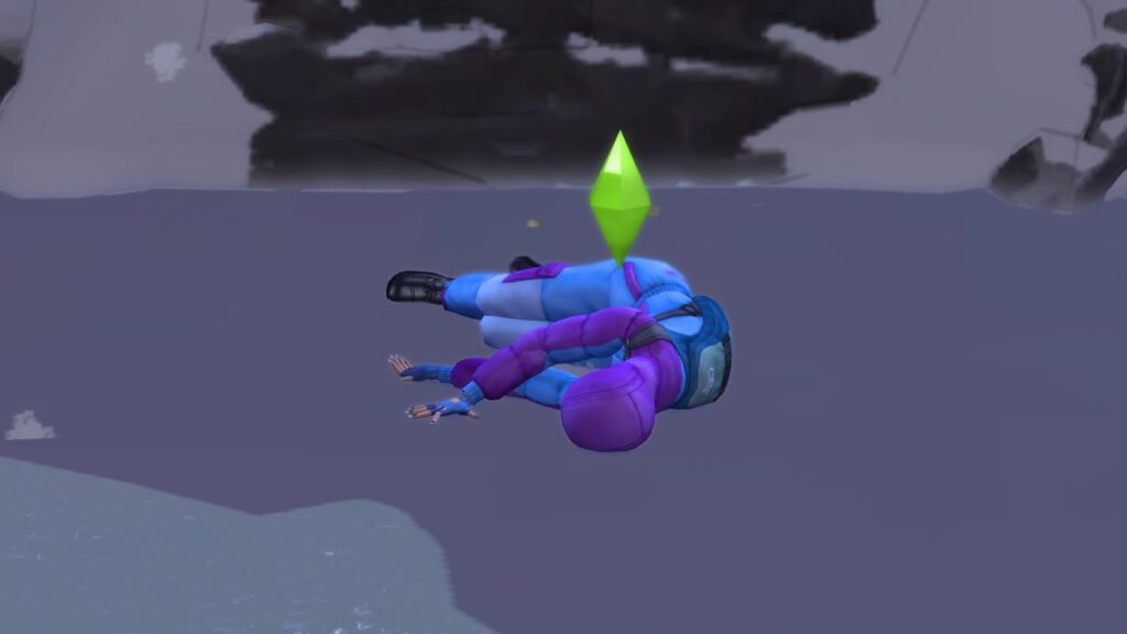 A screenshot from The Sims 4 showing a sim laying in the snow