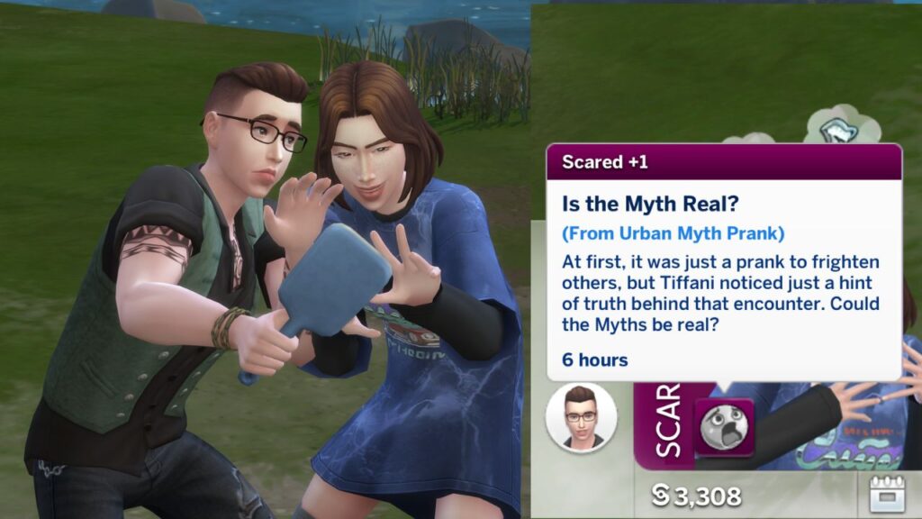 A screenshot from The Sims 4 showing a sim scaring another with an urban myth and a +1 scared moodlet from it 
