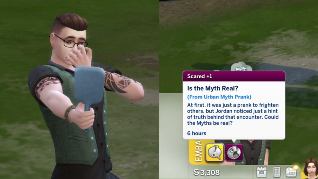 A screenshot from The Sims 4 showing a sim scaring themselves with a mirror 