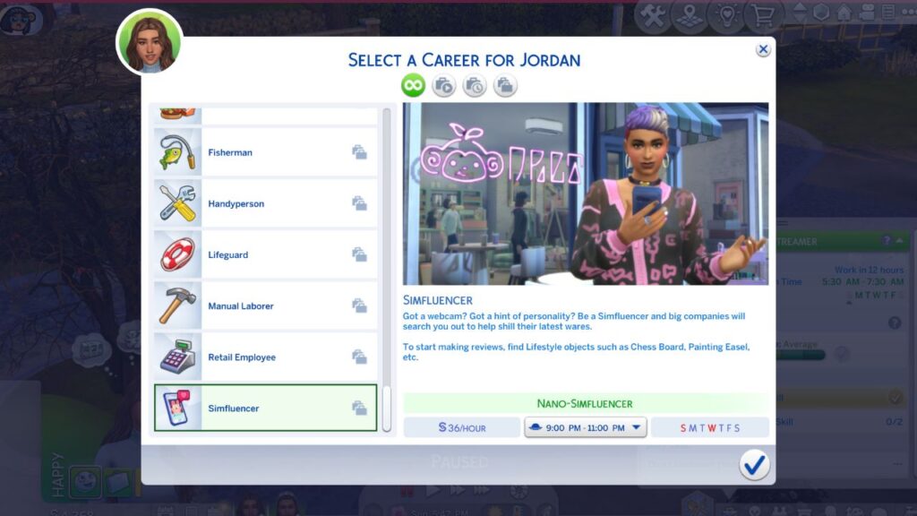 A screenshot from The Sims 4 showing the menu to choose to join the simfluencer career