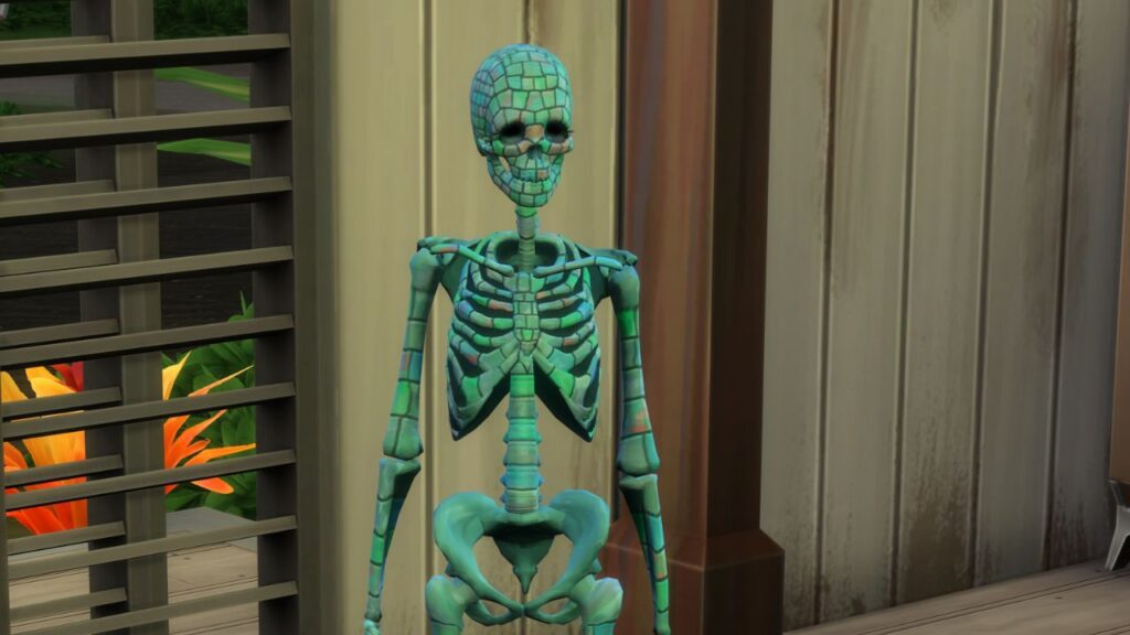 A screenshot from The Sims 4 showing a sim as a skeleton 