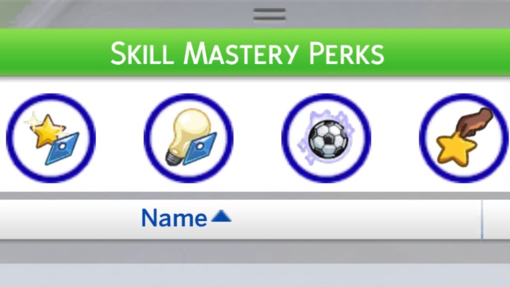 A screenshot from The Sims 4 showing the skill mastery perks panel full of four perks